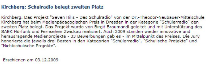 Zeitungsartikel mit Titel: Schulradio belegt 2. Platz